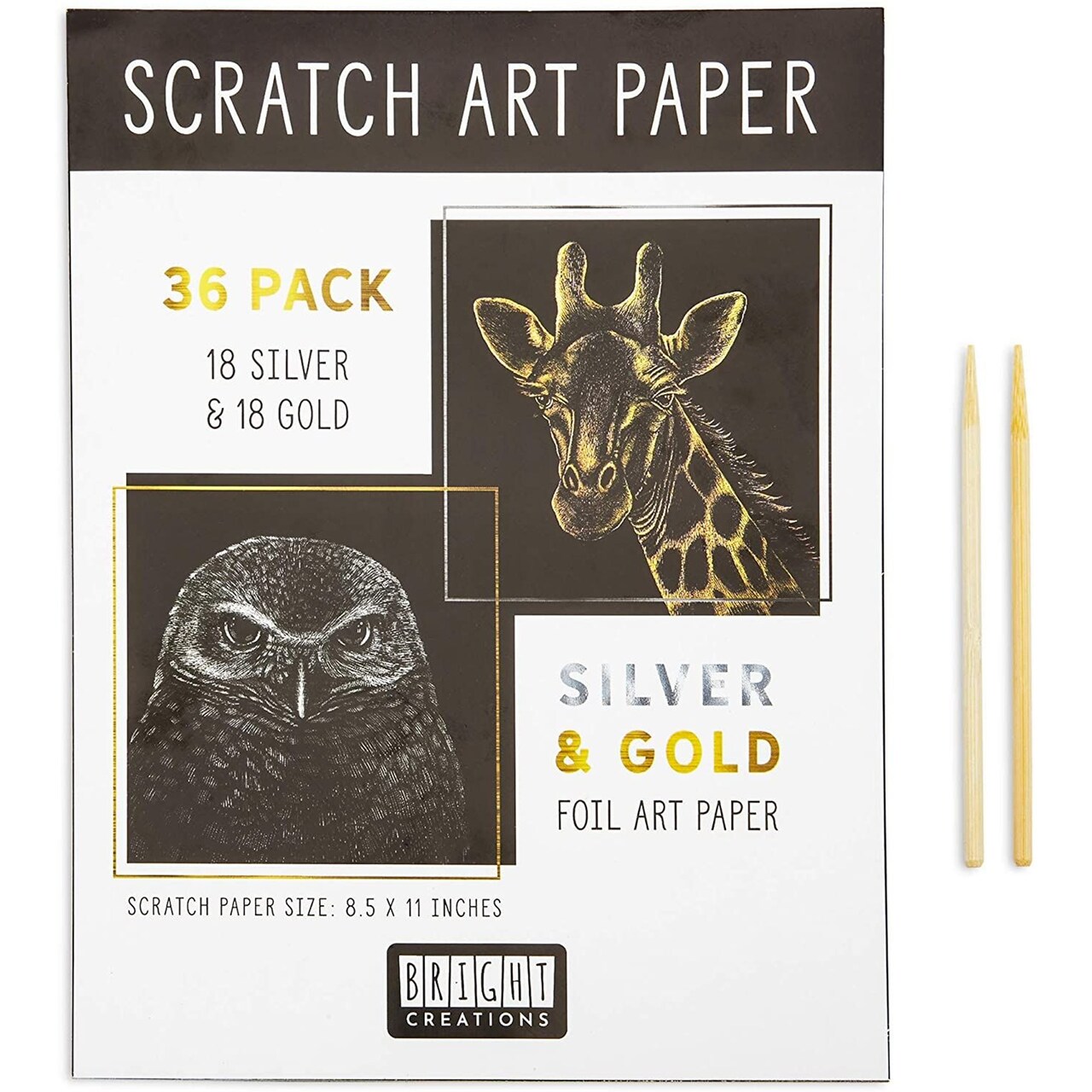 36 Scratch Sheets with 2 Wooden Styluses for Art, Gold and Silver Foil (8.5 x 11 in, 38 Pieces)